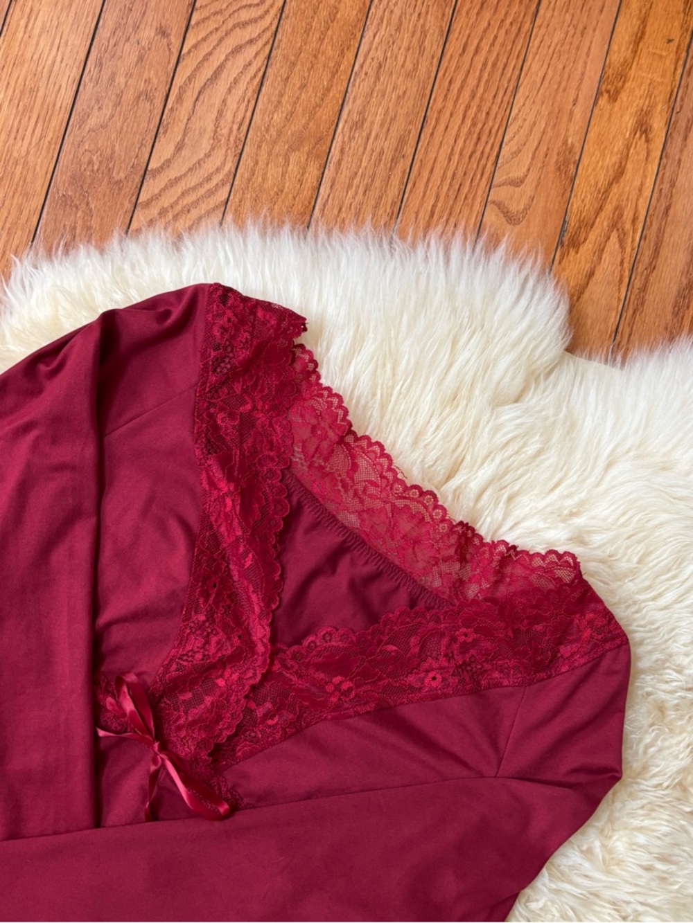 Crimson Red Lace Trim Long Sleeve Top